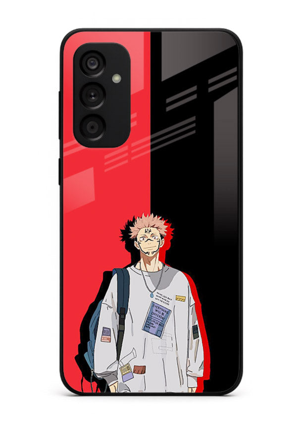 anime red black split art Samsung M13 4G glass cover stylish edgy character case