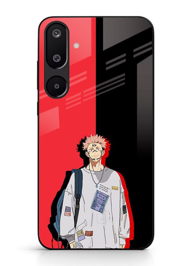 anime red black split art Samsung M16 5G glass cover stylish edgy character case