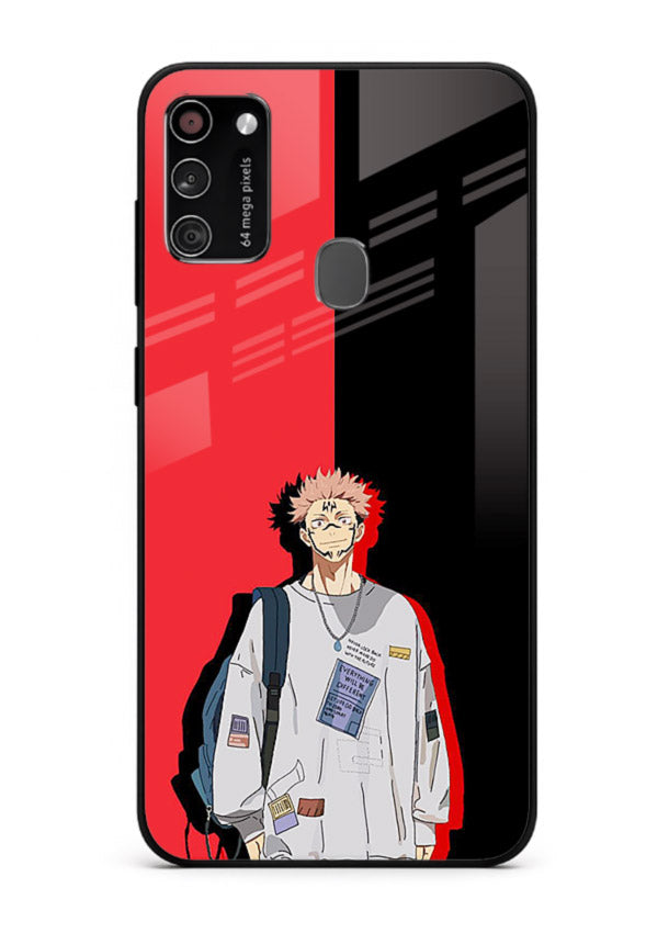 anime red black split art Samsung M30s glass cover stylish edgy character case