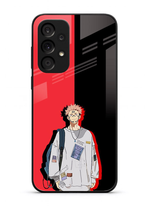 anime red black split art Samsung A53 5G glass cover stylish edgy character case