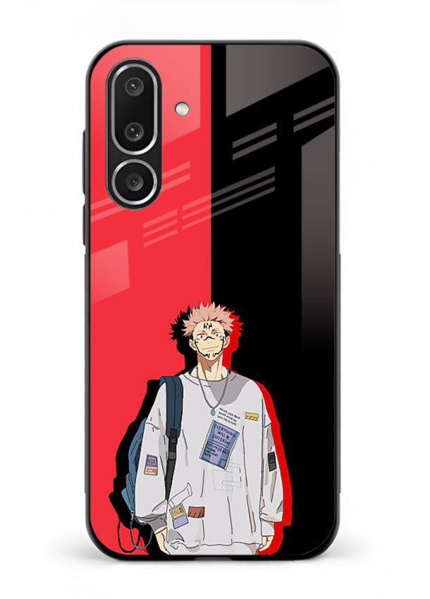 anime red black split art Samsung F56 5G glass cover stylish edgy character case
