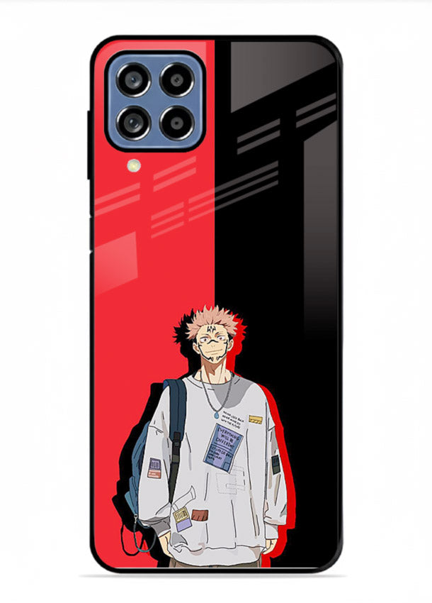 anime red black split art Samsung M33 5G glass cover stylish edgy character case