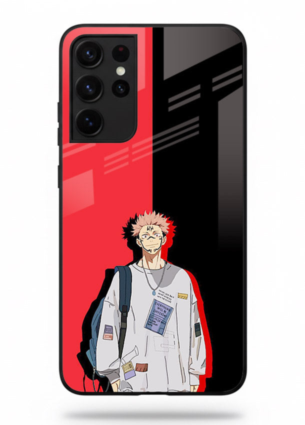 anime red black split art Samsung S21 Ultra glass cover stylish edgy character case