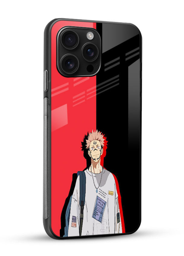 anime red black split art glossy vibrant premium glass cover stylish edgy character case - Angle Side