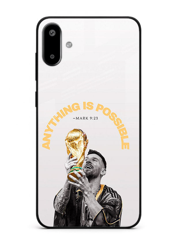 Motivational football artwork printed on glossy tempered glass Samsung F06 5G back cover