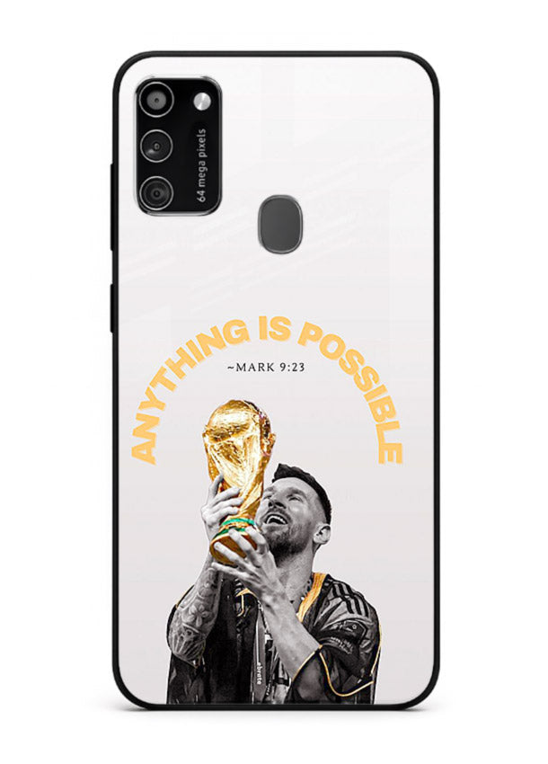 Motivational football artwork printed on glossy tempered glass Samsung M30s back cover