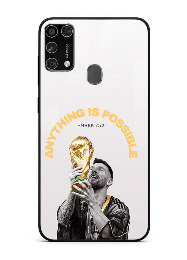 Motivational football artwork printed on glossy tempered glass Samsung M31 Prime back cover