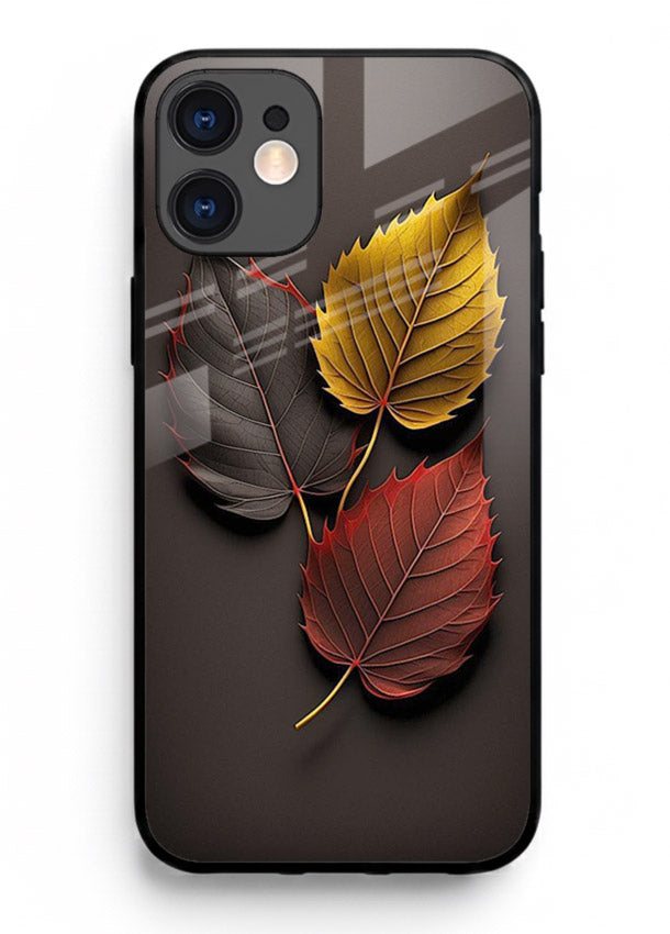 Autumn leaf artwork on iphone 12 mini glass back cover with warm drifting tones.