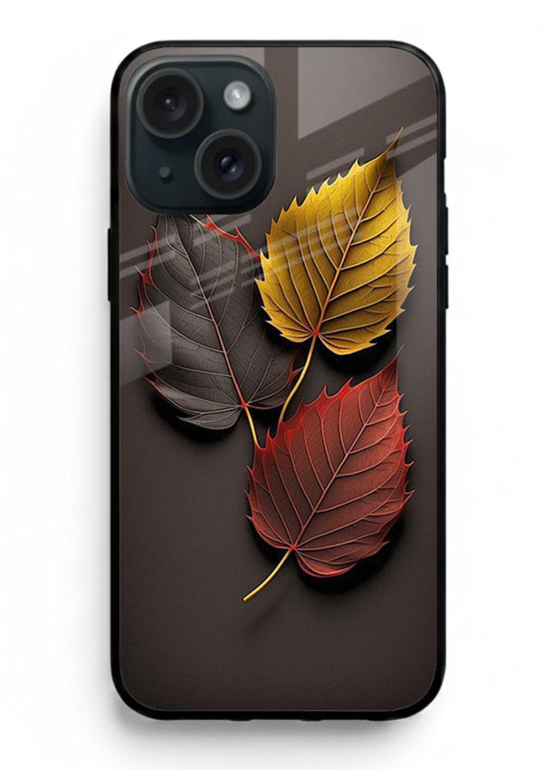 Autumn leaf artwork on iphone 13 mini glass back cover with warm drifting tones.