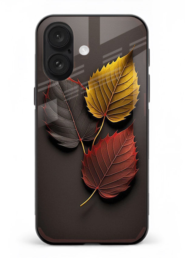 Autumn leaf artwork on iphone 17 glass back cover with warm drifting tones.