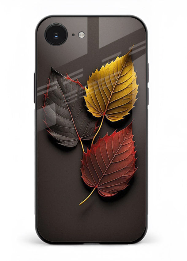 Autumn leaf artwork on iphone 16e glass back cover with warm drifting tones.