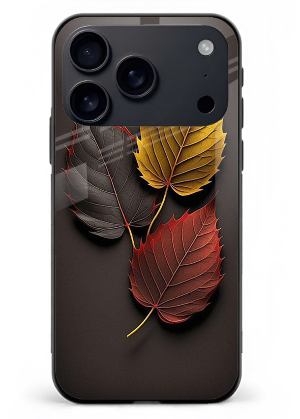 Autumn leaf artwork on iphone 17 pro max glass back cover with warm drifting tones.