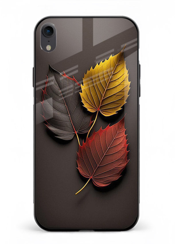 Autumn leaf artwork on iphone xr glass back cover with warm drifting tones.