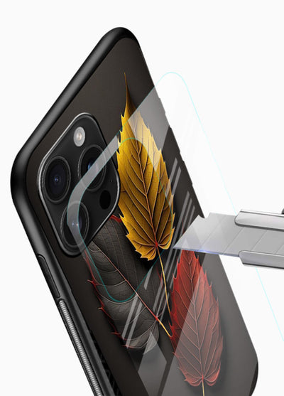 Autumn leaf artwork on glossy vibrant premium glass back cover with warm drifting tones. - Angle Blade