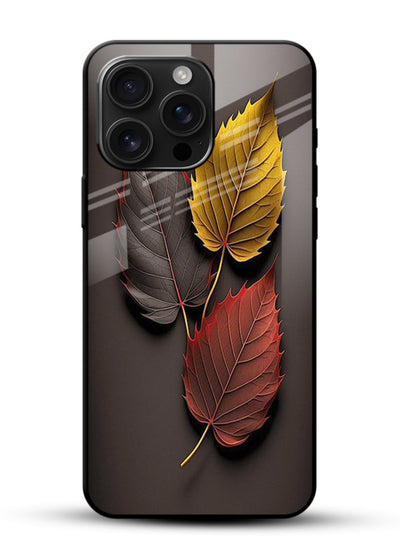 Autumn leaf artwork on glossy vibrant premium glass back cover with warm drifting tones. - Angle Front