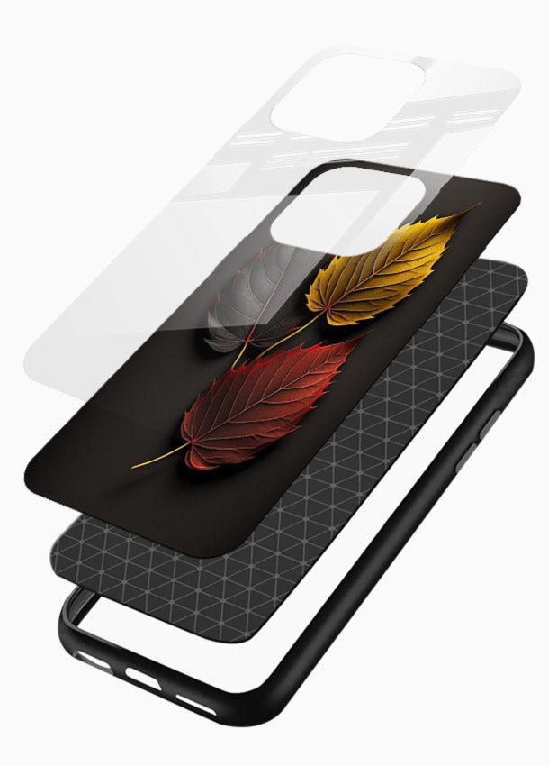 Autumn leaf artwork on glossy vibrant premium glass back cover with warm drifting tones. - Angle Layers