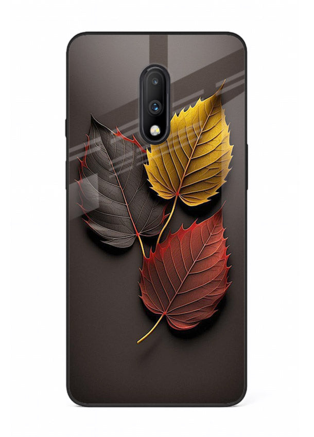 Autumn leaf artwork on OnePlus 7 glass back cover with warm drifting tones.