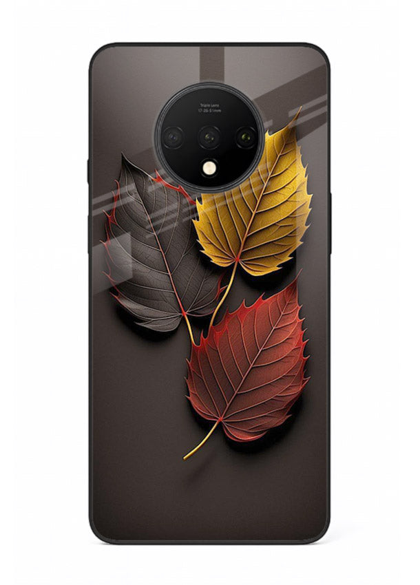 Autumn leaf artwork on OnePlus 7T glass back cover with warm drifting tones.