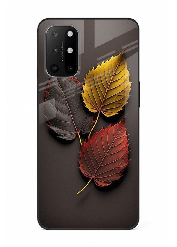 Autumn leaf artwork on OnePlus 8T glass back cover with warm drifting tones.