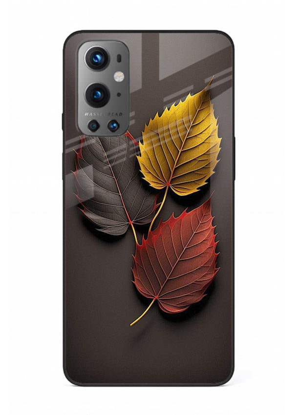 Autumn leaf artwork on OnePlus 9 glass back cover with warm drifting tones.