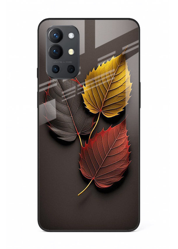 Autumn leaf artwork on OnePlus 9R glass back cover with warm drifting tones.