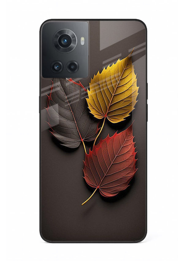 Autumn leaf artwork on OnePlus 10R glass back cover with warm drifting tones.
