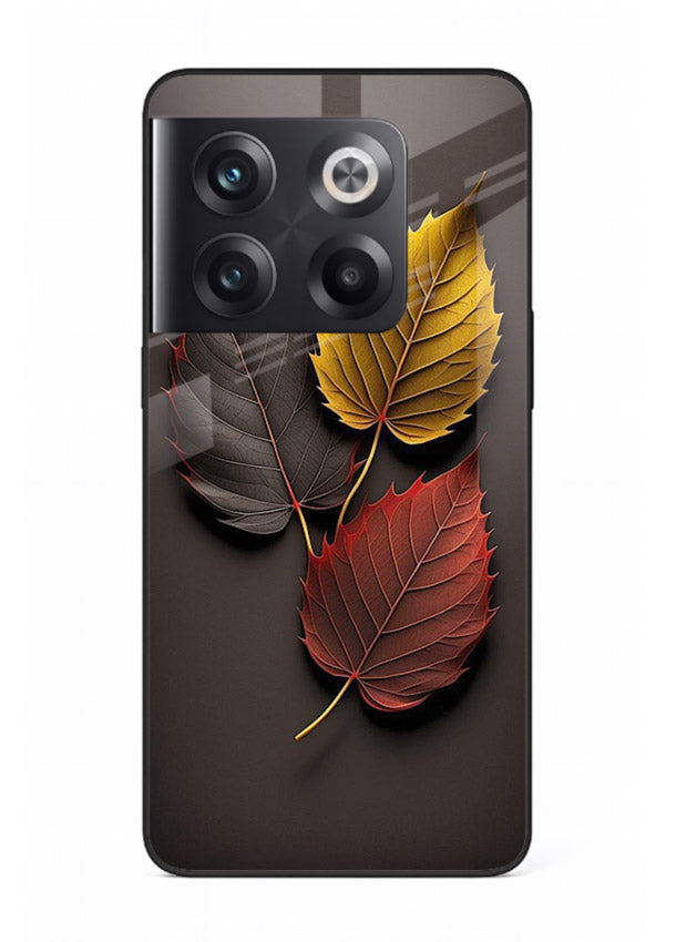 Autumn leaf artwork on OnePlus 10T glass back cover with warm drifting tones.