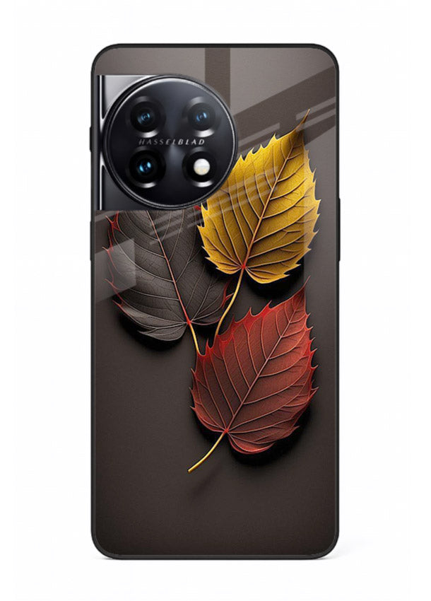 Autumn leaf artwork on OnePlus 11R glass back cover with warm drifting tones.