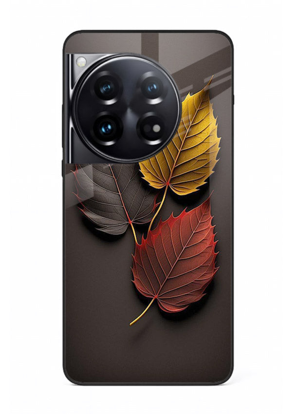 Autumn leaf artwork on OnePlus 12 glass back cover with warm drifting tones.