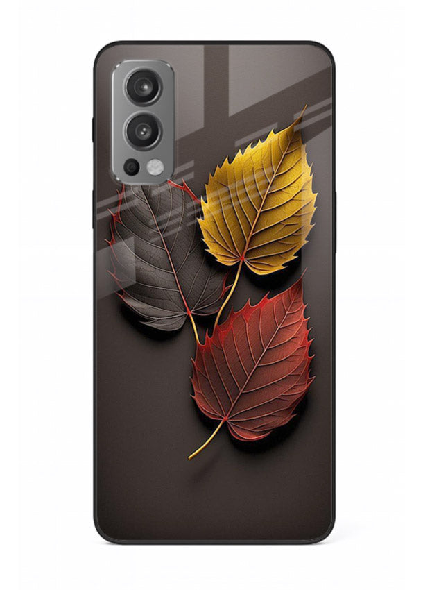 Autumn leaf artwork on OnePlus Nord 2 glass back cover with warm drifting tones.
