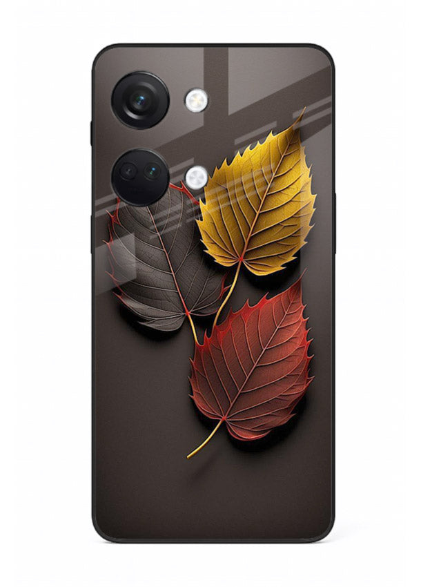 Autumn leaf artwork on OnePlus Nord 3 glass back cover with warm drifting tones.