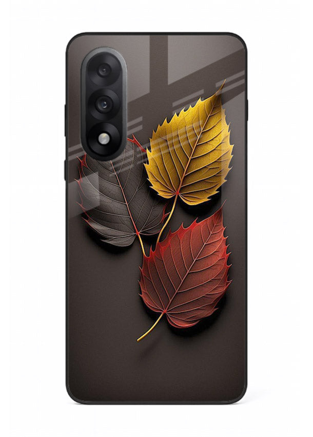 Autumn leaf artwork on OnePlus Nord 5 glass back cover with warm drifting tones.