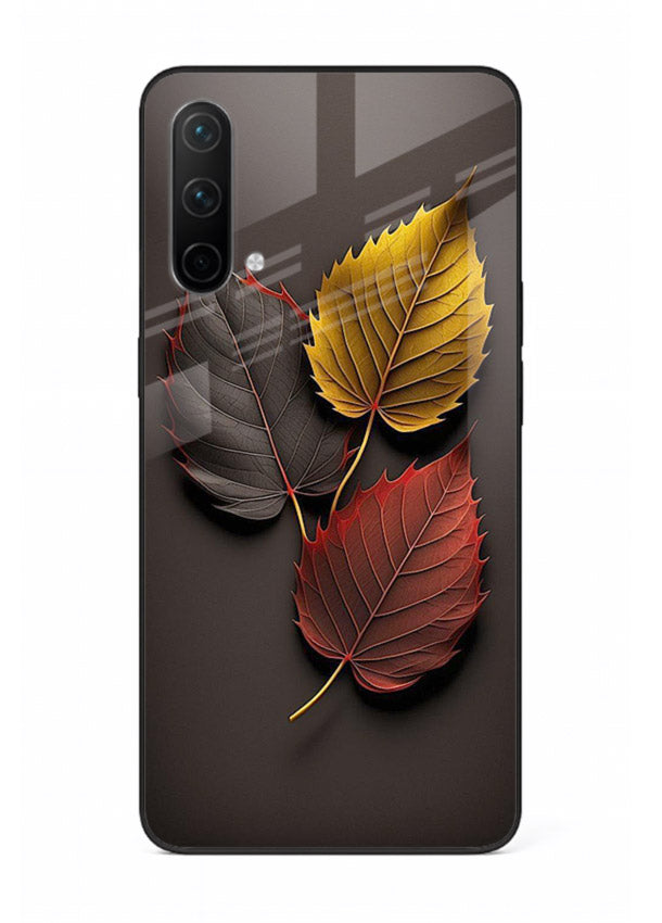 Autumn leaf artwork on OnePlus Nord CE 5G glass back cover with warm drifting tones.