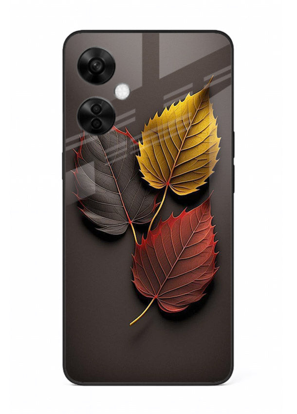 Autumn leaf artwork on OnePlus Nord CE3 Lite glass back cover with warm drifting tones.