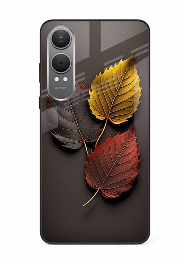 Autumn leaf artwork on OnePlus Nord CE4 Lite glass back cover with warm drifting tones.