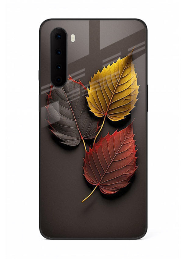 Autumn leaf artwork on OnePlus Nord glass back cover with warm drifting tones.