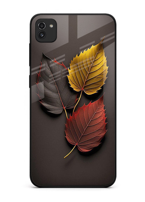 Autumn leaf artwork on Samsung A03 glass back cover with warm drifting tones.