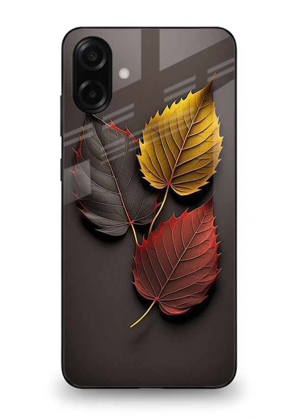 Autumn leaf artwork on Samsung A06 5G glass back cover with warm drifting tones.