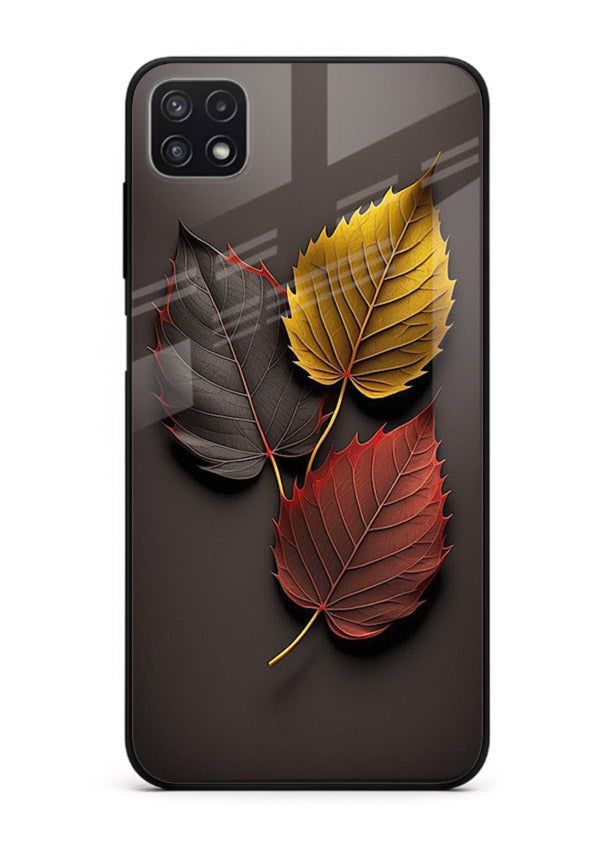 Autumn leaf artwork on Samsung F42 5G glass back cover with warm drifting tones.