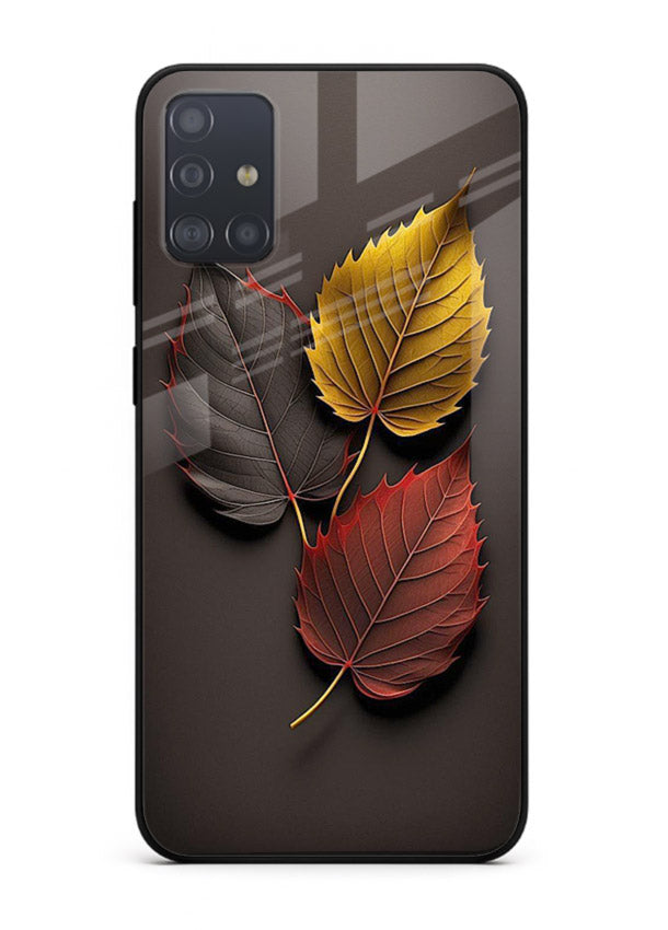 Autumn leaf artwork on Samsung A71 glass back cover with warm drifting tones.