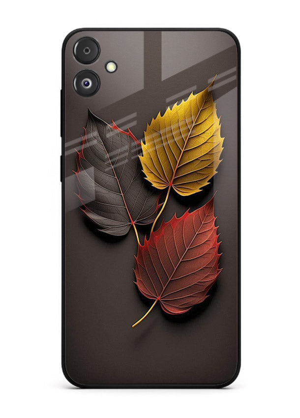 Autumn leaf artwork on Samsung F05 5G glass back cover with warm drifting tones.
