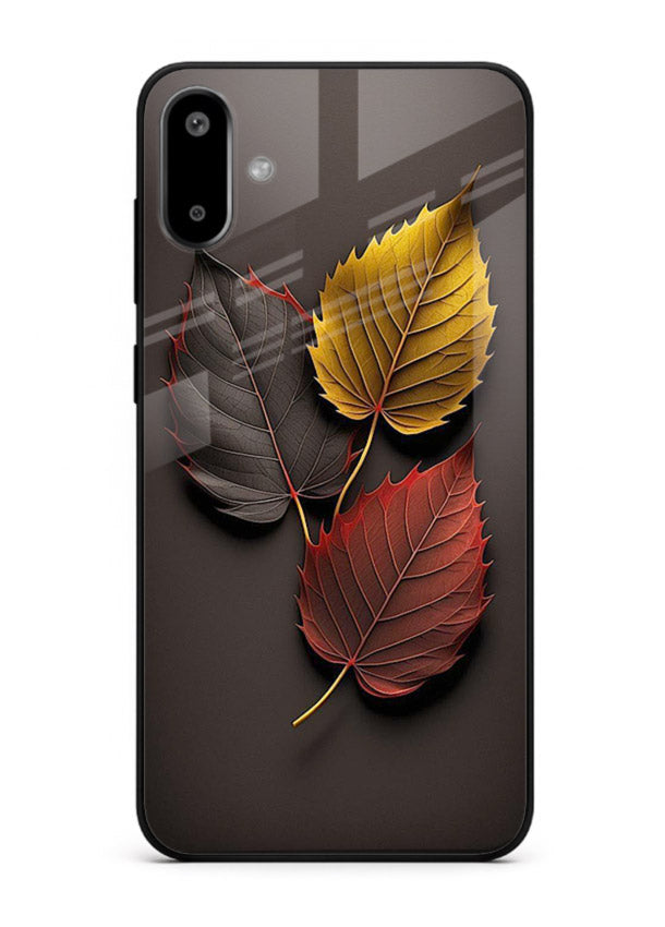 Autumn leaf artwork on Samsung F06 5G glass back cover with warm drifting tones.