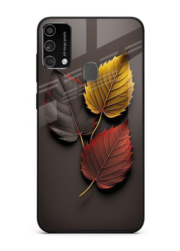 Autumn leaf artwork on Samsung F41 glass back cover with warm drifting tones.