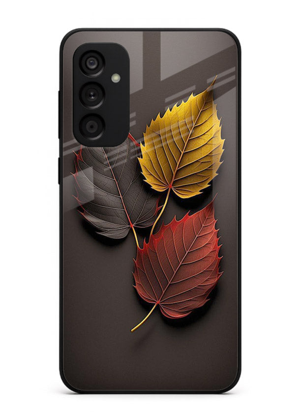 Autumn leaf artwork on Samsung F34 5G glass back cover with warm drifting tones.