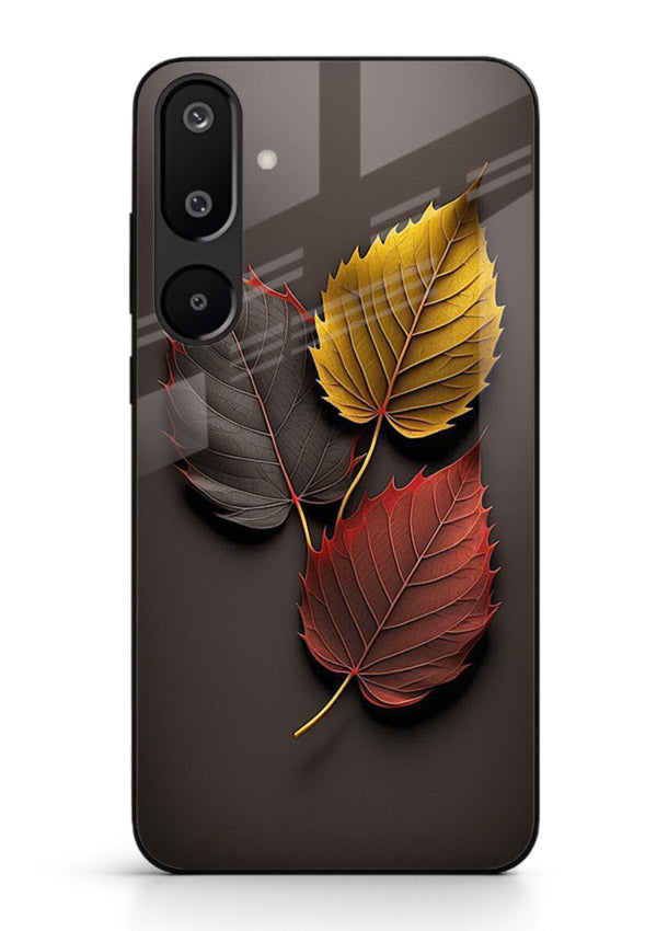 Autumn leaf artwork on Samsung M16 5G glass back cover with warm drifting tones.
