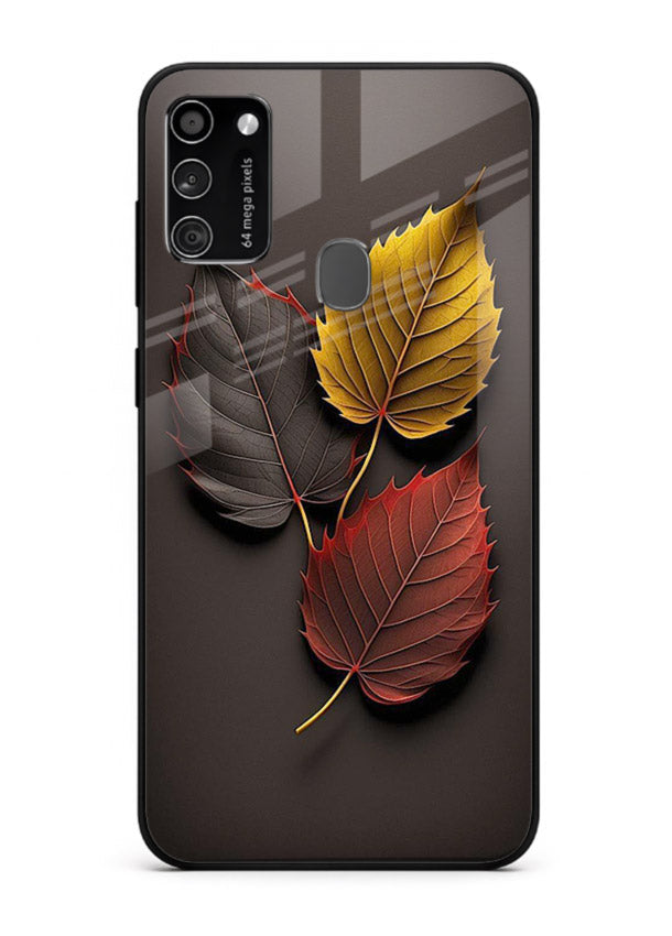 Autumn leaf artwork on Samsung M21 glass back cover with warm drifting tones.