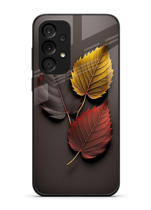 Autumn leaf artwork on Samsung A73 5G glass back cover with warm drifting tones.