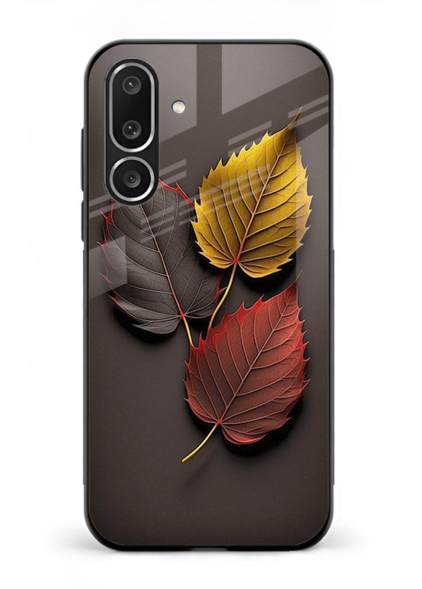 Autumn leaf artwork on Samsung M56 5G glass back cover with warm drifting tones.