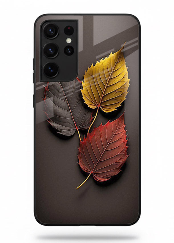 Autumn leaf artwork on Samsung S21 Ultra glass back cover with warm drifting tones.