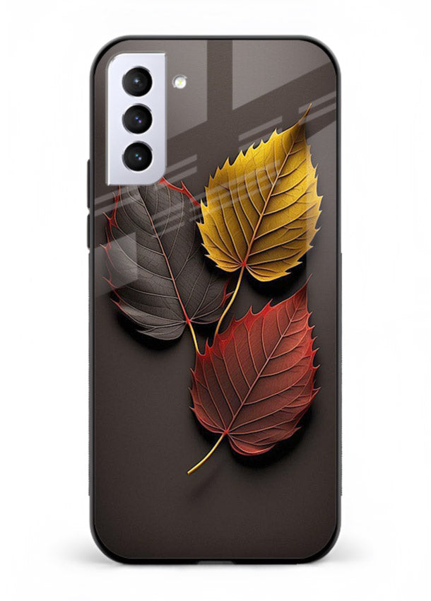 Autumn leaf artwork on Samsung S21 Plus glass back cover with warm drifting tones.
